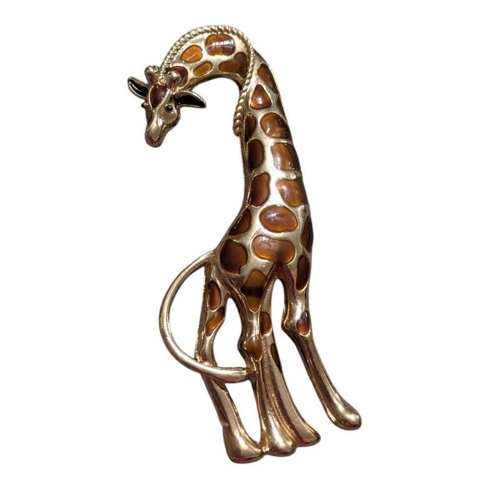 Vintage Giraffe Brooch Pin, Gold Tone Enamel Animal Jewelry, Safari Wildlife - Picture 3 of 6